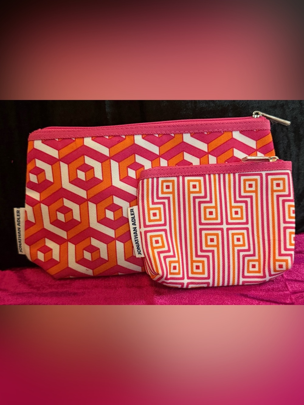 Jonathan Adler Pink and Orange Geometric Cosmetic Pouch Duo